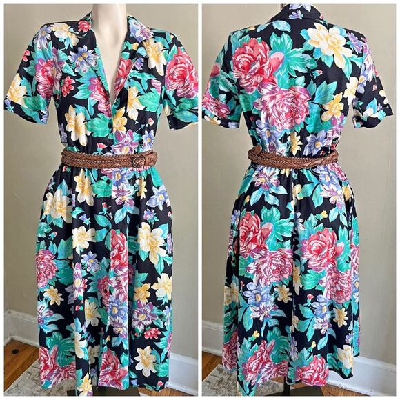 Vintage Dresses & Skirts - VINTAGE 70s 80s floral button shirt dress with pockets Hawaiian beach boho